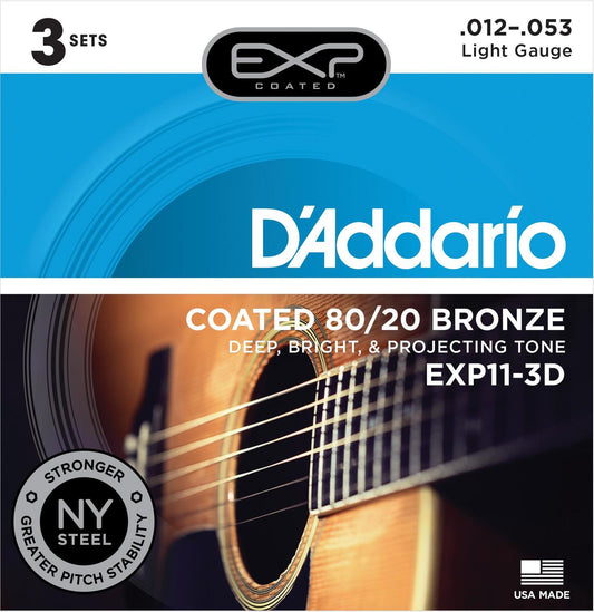 D'Addario EXP11-3D 3 Sets Light 12-53 Coated 80-20 Bronze Acoustic Guitar Strings
