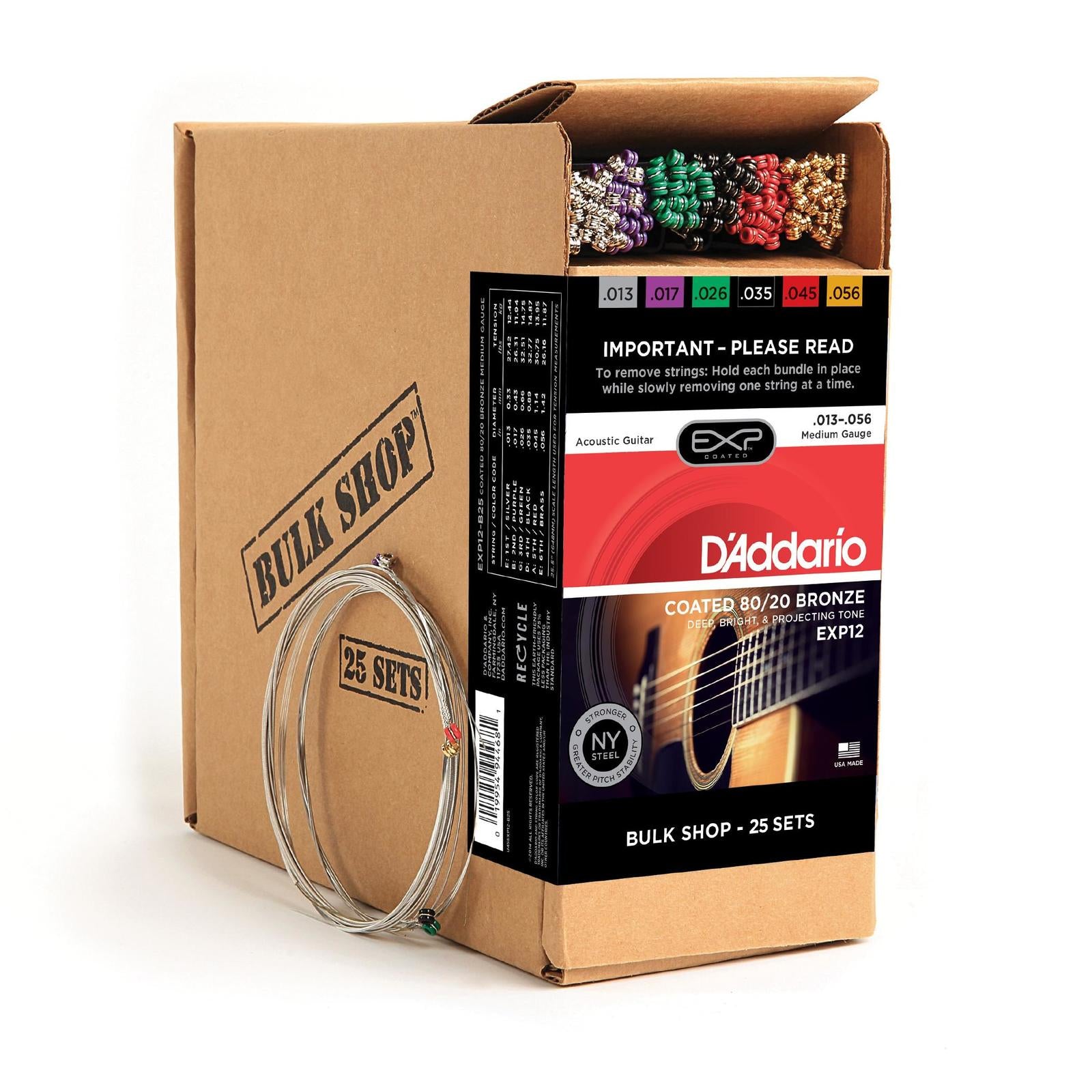 D'Addario EXP12 Coated 80-20 Bronze Acoustic Guitar Strings, Medium, 13-56, 25 Sets