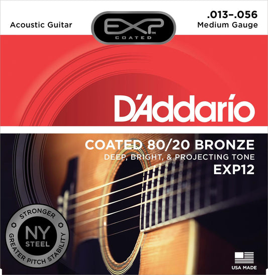 D'Addario EXP12 Coated 80-20 Bronze Acoustic Guitar Strings, Medium, 13-56