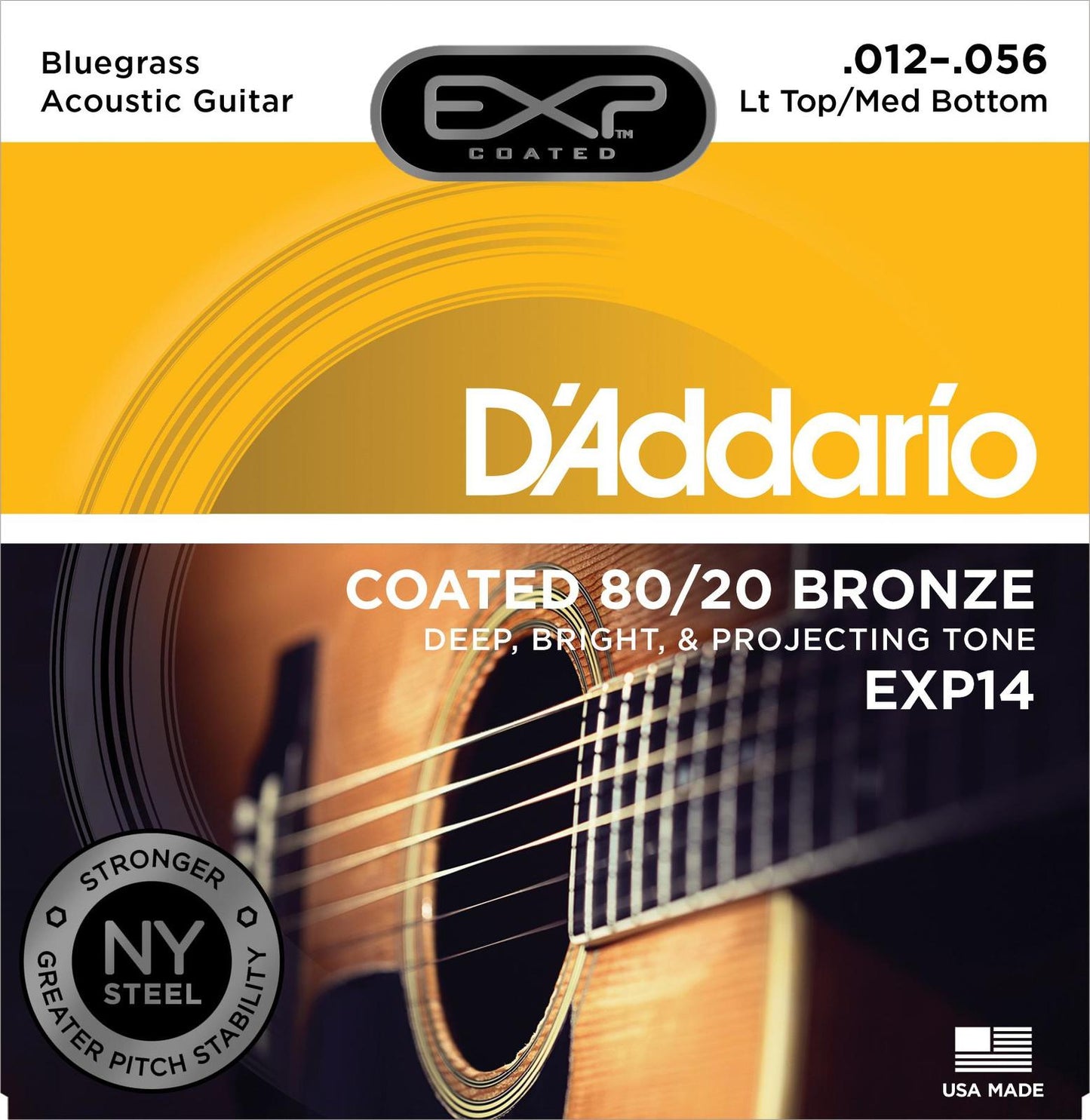 D'Addario EXP14 Coated 80-20 Bronze Acoustic Guitar Strings, Light Top-Medium Bottom-Bluegrass, 12-56