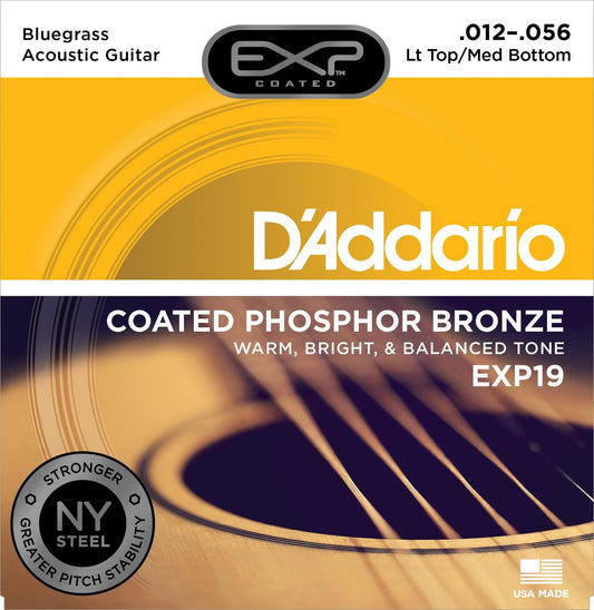 D'Addario EXP19 Coated Phosphor Bronze Acoustic Guitar Strings, Light Top-Medium Bottom-Bluegrass, 12-56