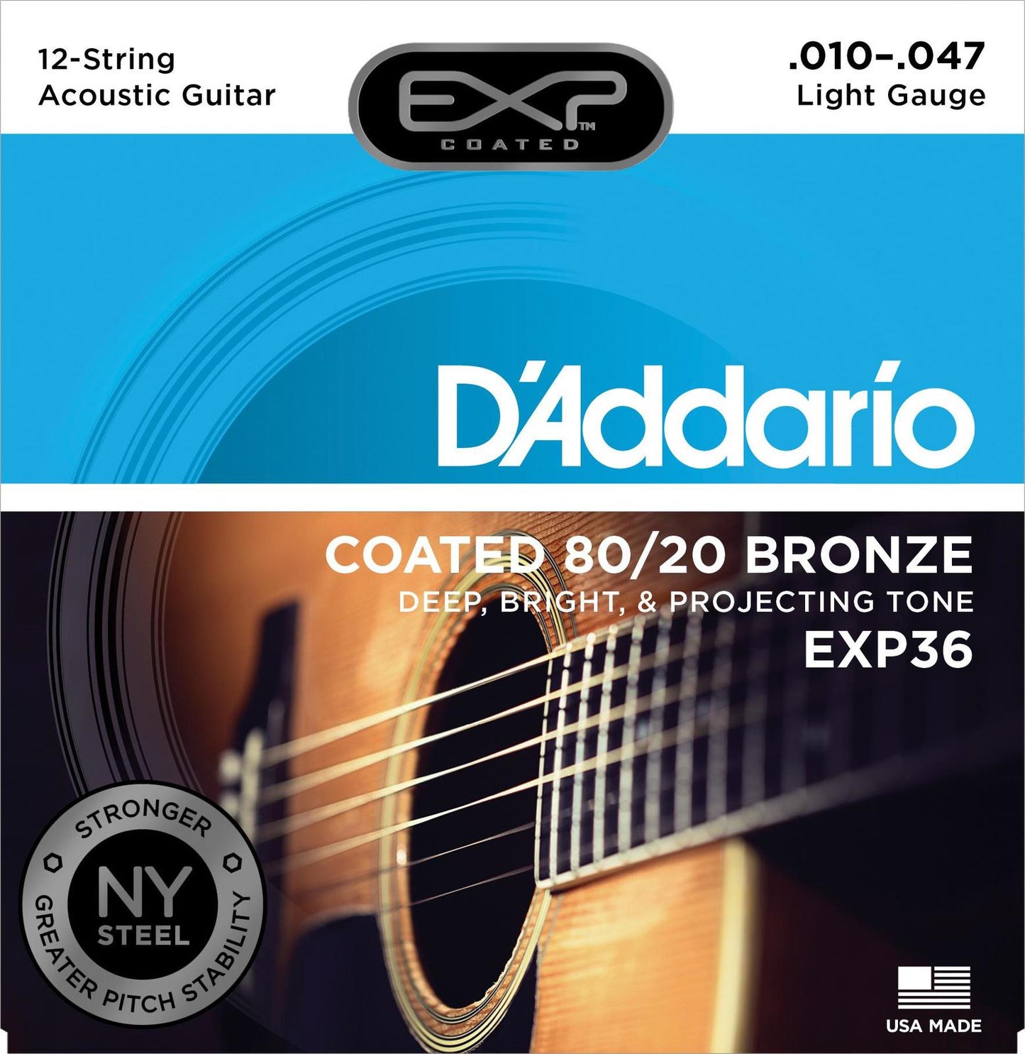 D'Addario EXP36 Coated 80-20 Bronze 12-String Acoustic Guitar Strings, Light, 10-47