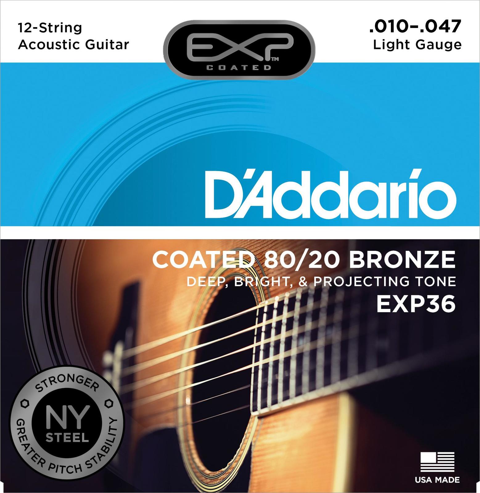 D'Addario EXP36 Coated 80-20 Bronze 12-String Acoustic Guitar Strings, Light, 10-47
