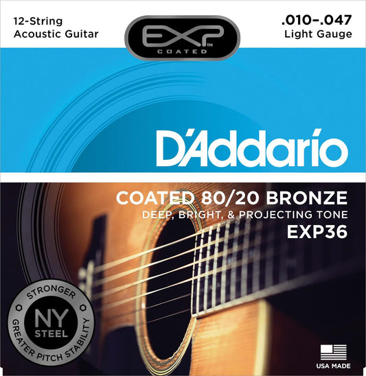D'Addario EXP36 Coated 80-20 Bronze 12-String Acoustic Guitar Strings, Light, 10-47