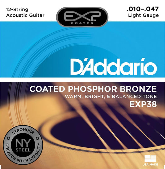 D'Addario EXP38 Coated Phosphor Bronze 12-String Acoustic Guitar Strings, Light, 10-47