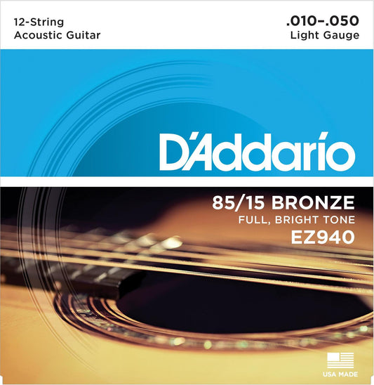 D'Addario EZ940 85-15 12-String Bronze Acoustic Guitar Strings, Light, 10-50