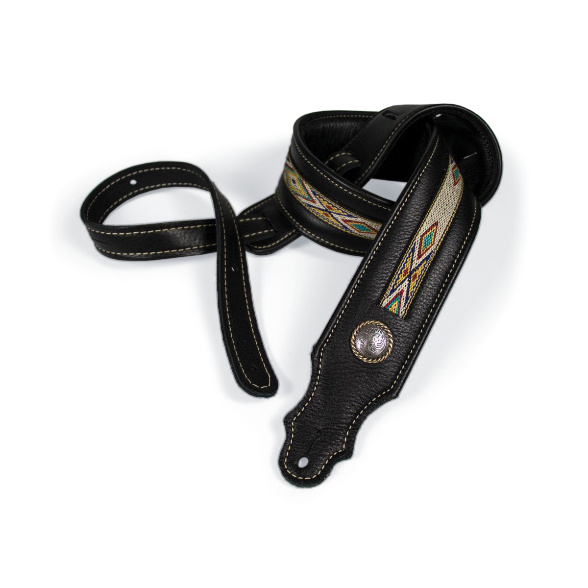 Franklin 2" Southwest Padded Glove Leather Guitar Strap with Hitch Weave & Concho, Black with Natural Stitch, Adjustable 39" to 56"