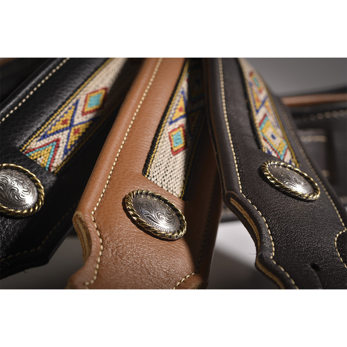 Franklin 2" Southwest Padded Glove Leather Guitar Strap with Hitch Weave & Concho, Black with Natural Stitch, Adjustable 39" to 56" — view 2