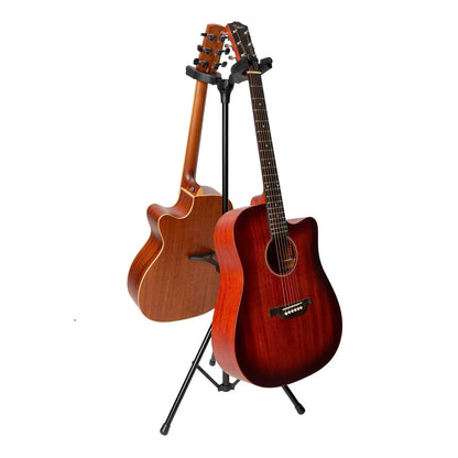 Fretz Heavy Duty Adjustable Tripod Double Guitar Stand with Self-Locking Head Supports - Black — view 2