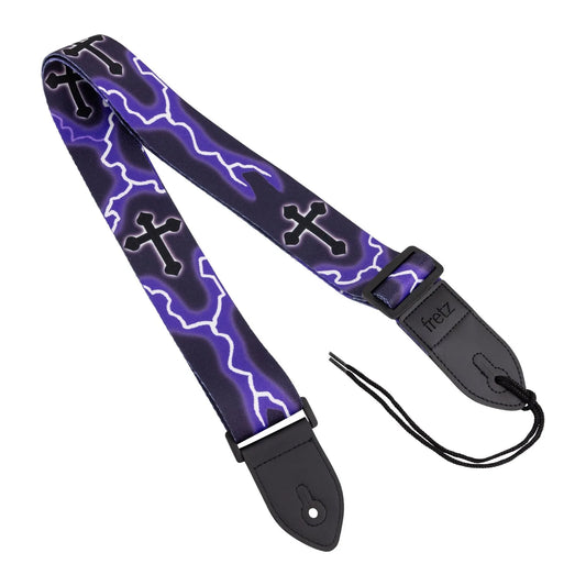 Fretz FGST-C25 Printed Polyweb Guitar Strap - Lightning & Cross, 2" Wide, Adjustable Up to 57" with Microfiber Leather Ends