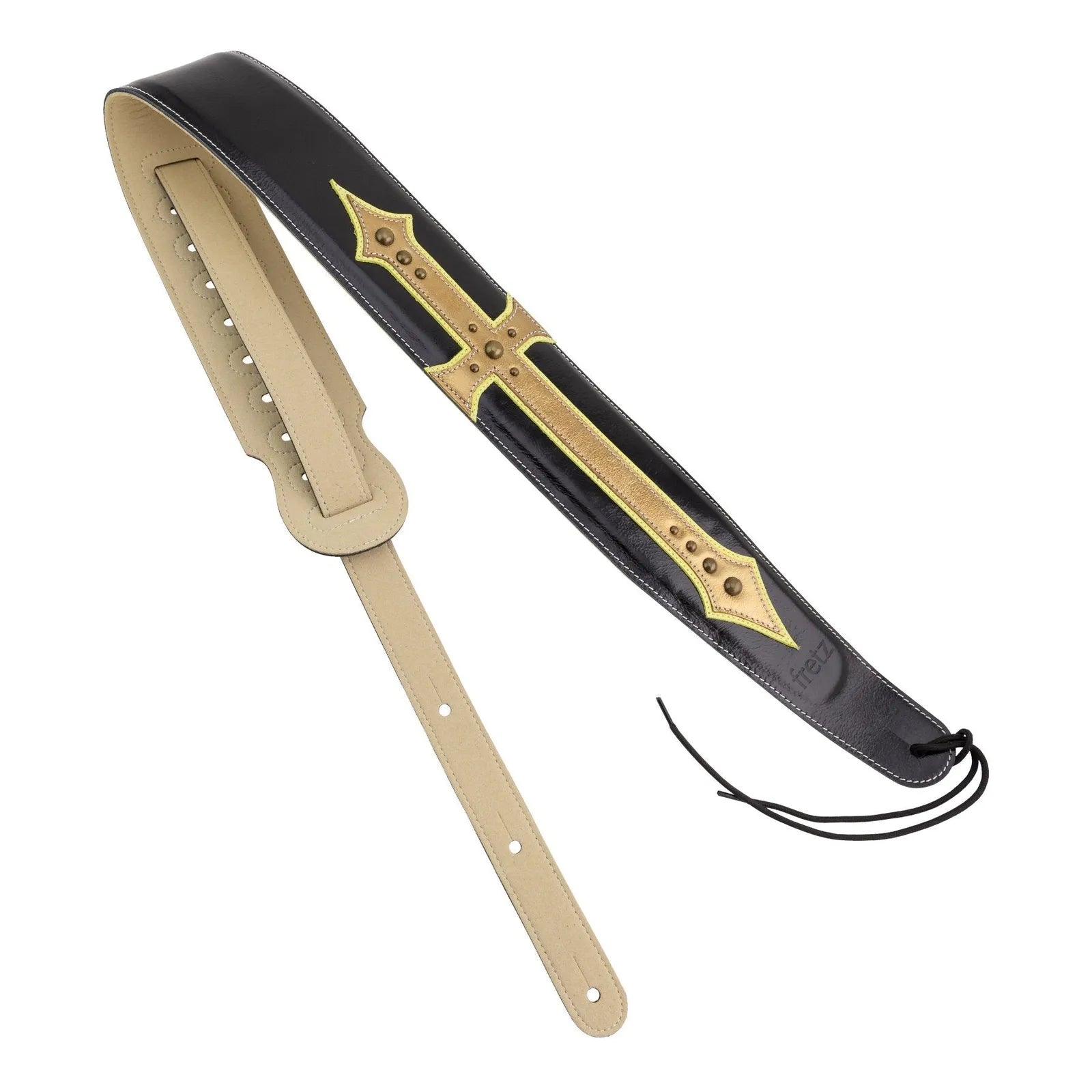 Fretz FGST-PL14 Padded Leather Adjustable Guitar Strap with Gold Cross Embellishment