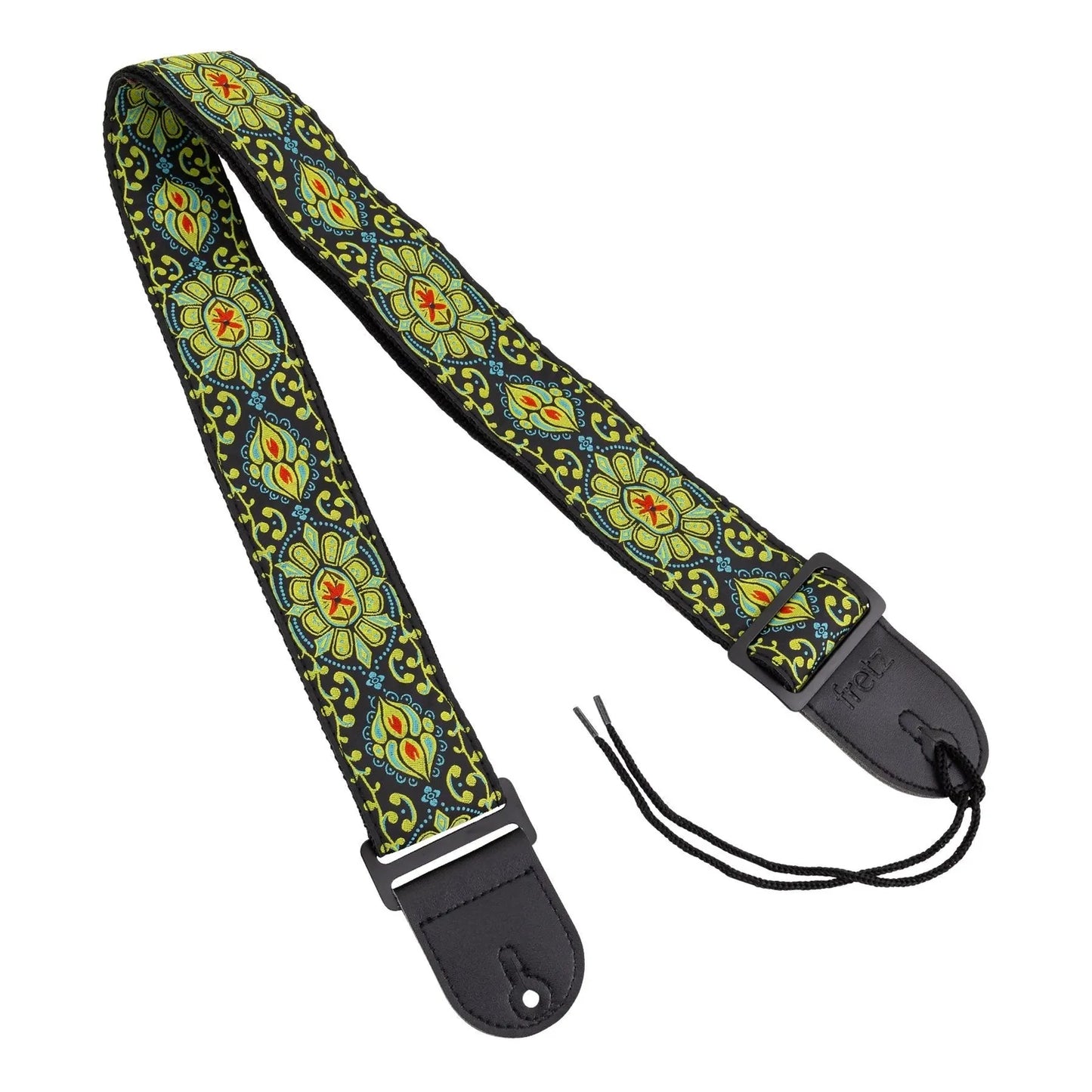 Fretz FGST-RETRO61 Woven Jacquard Polyester Guitar Strap, Adjustable 2" Wide, Microfiber Leather Ends, Up to 57" Length