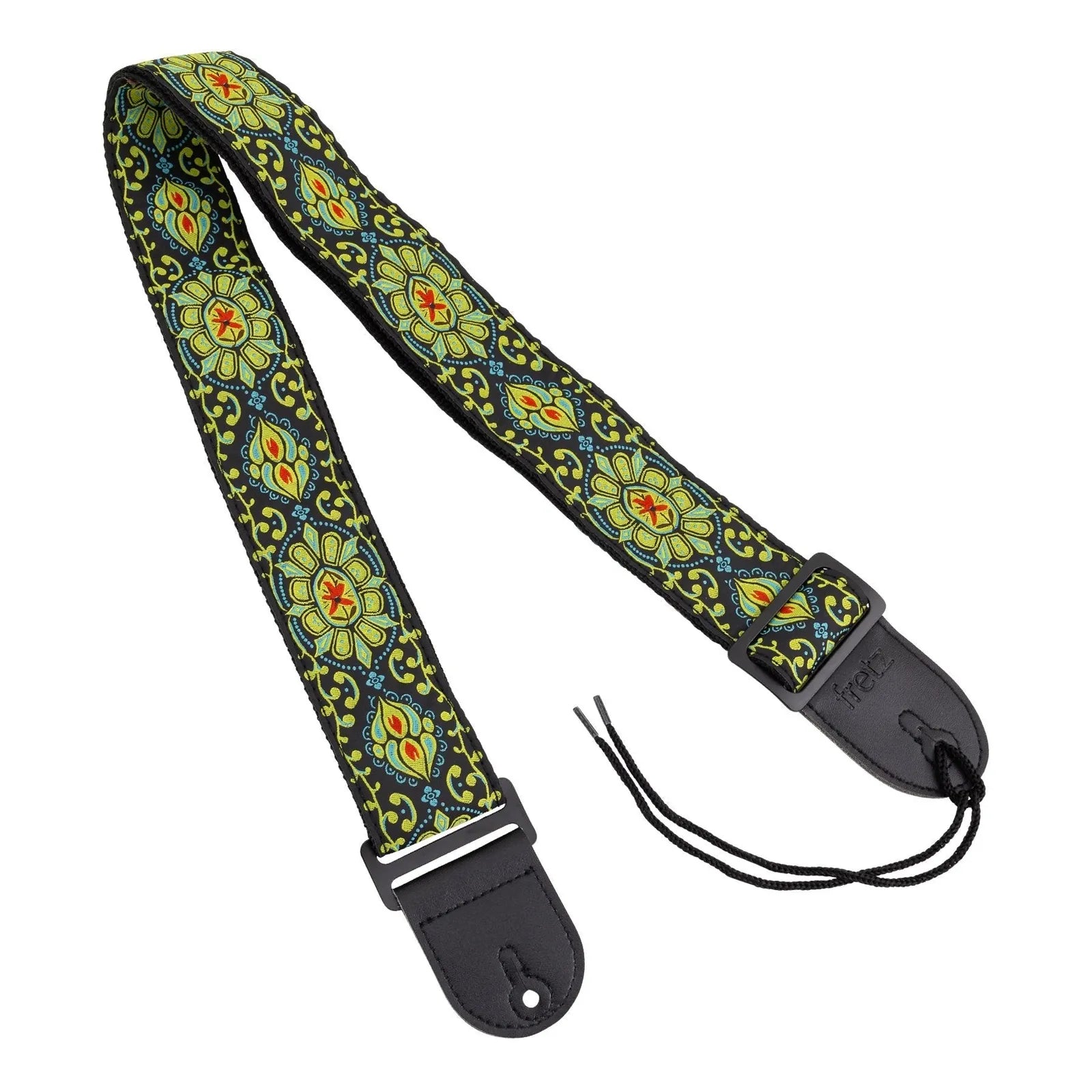 Fretz FGST-RETRO61 Woven Jacquard Polyester Guitar Strap, Adjustable 2" Wide, Microfiber Leather Ends, Up to 57" Length