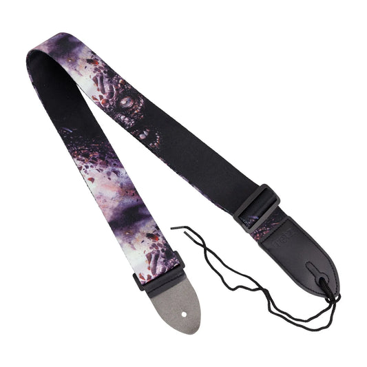 Fretz Skull Print Polyester Guitar Strap with Adjustable 2” Width and Soft MF Leather Ends