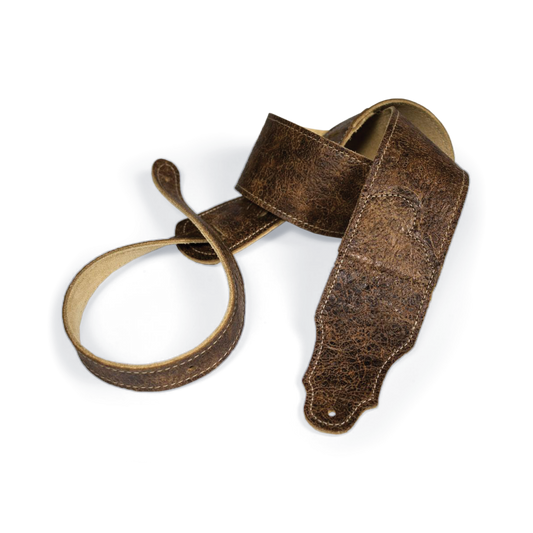 Franklin Roadhouse 2.5" Distressed Glove Leather Guitar Strap with Natural Stitching, Adjustable 38" to 56"