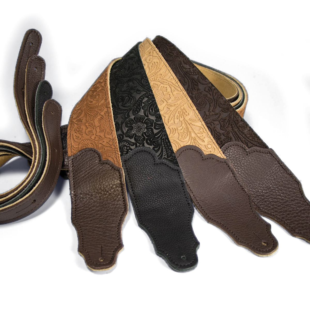Franklin Embossed 2.5" Caramel Suede Guitar Strap with Pebbled Chocolate Leather End — view 2