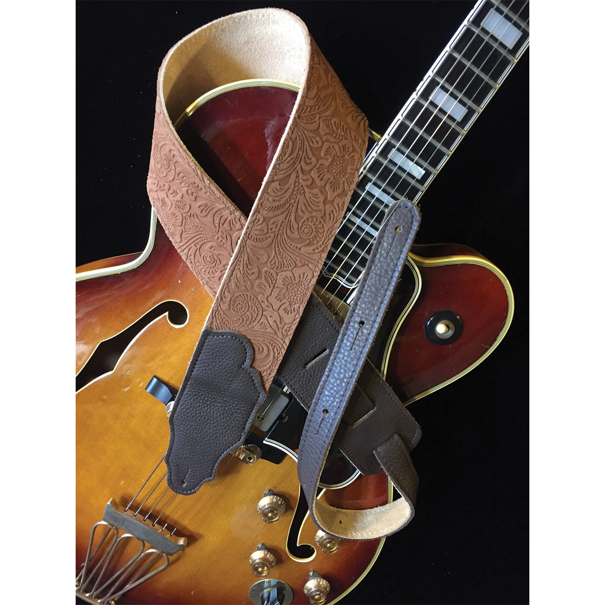 Franklin Embossed 2.5" Caramel Suede Guitar Strap with Pebbled Chocolate Leather End — view 5
