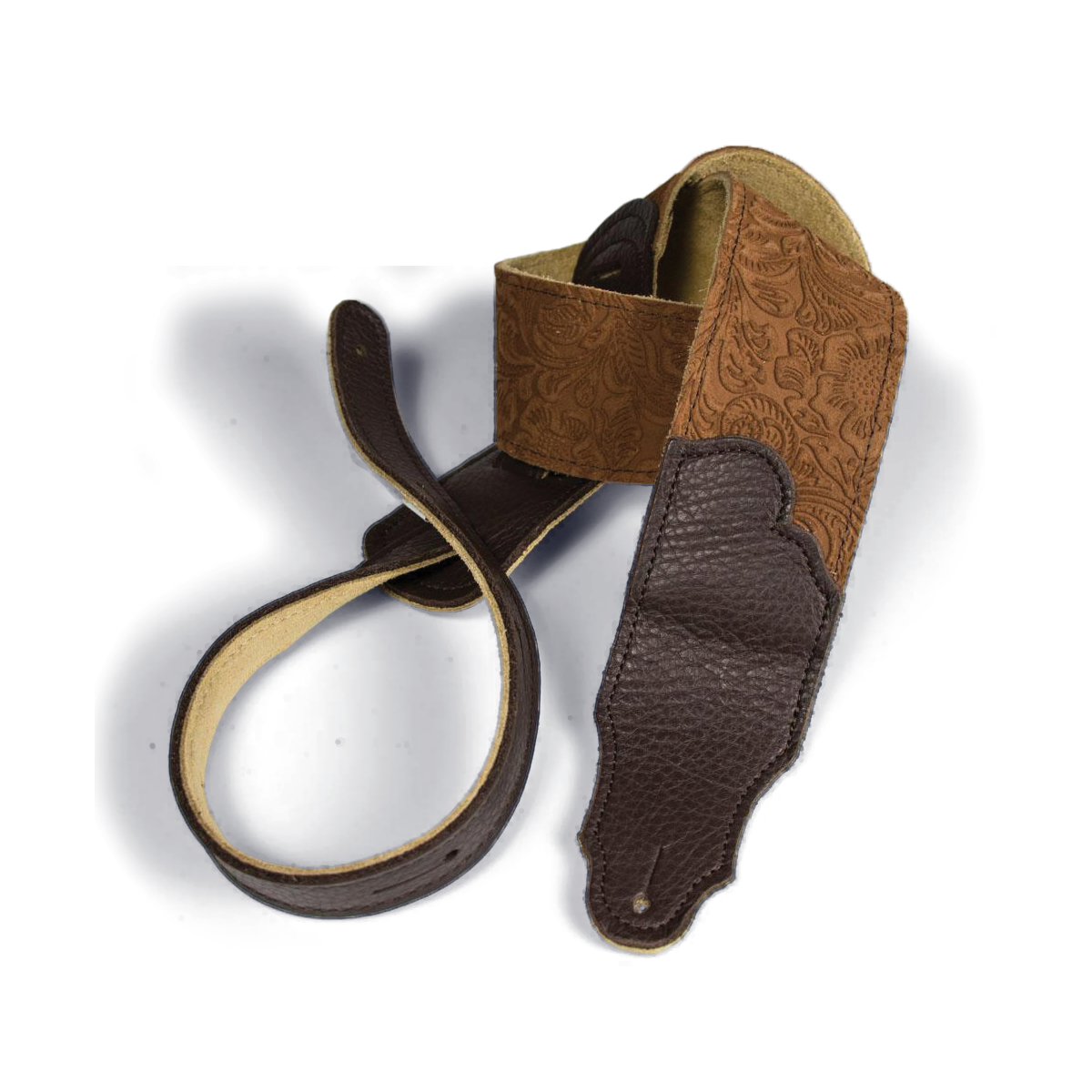 Franklin Embossed 2.5" Caramel Suede Guitar Strap with Pebbled Chocolate Leather End