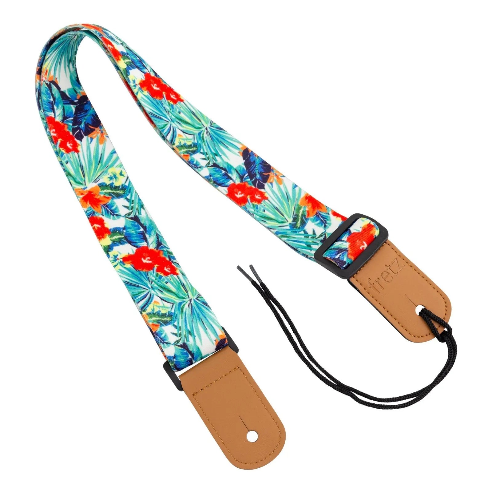 Fretz Hibiscus Patterned Ukulele Strap with Microfiber Leather Ends, Adjustable Up to 47"