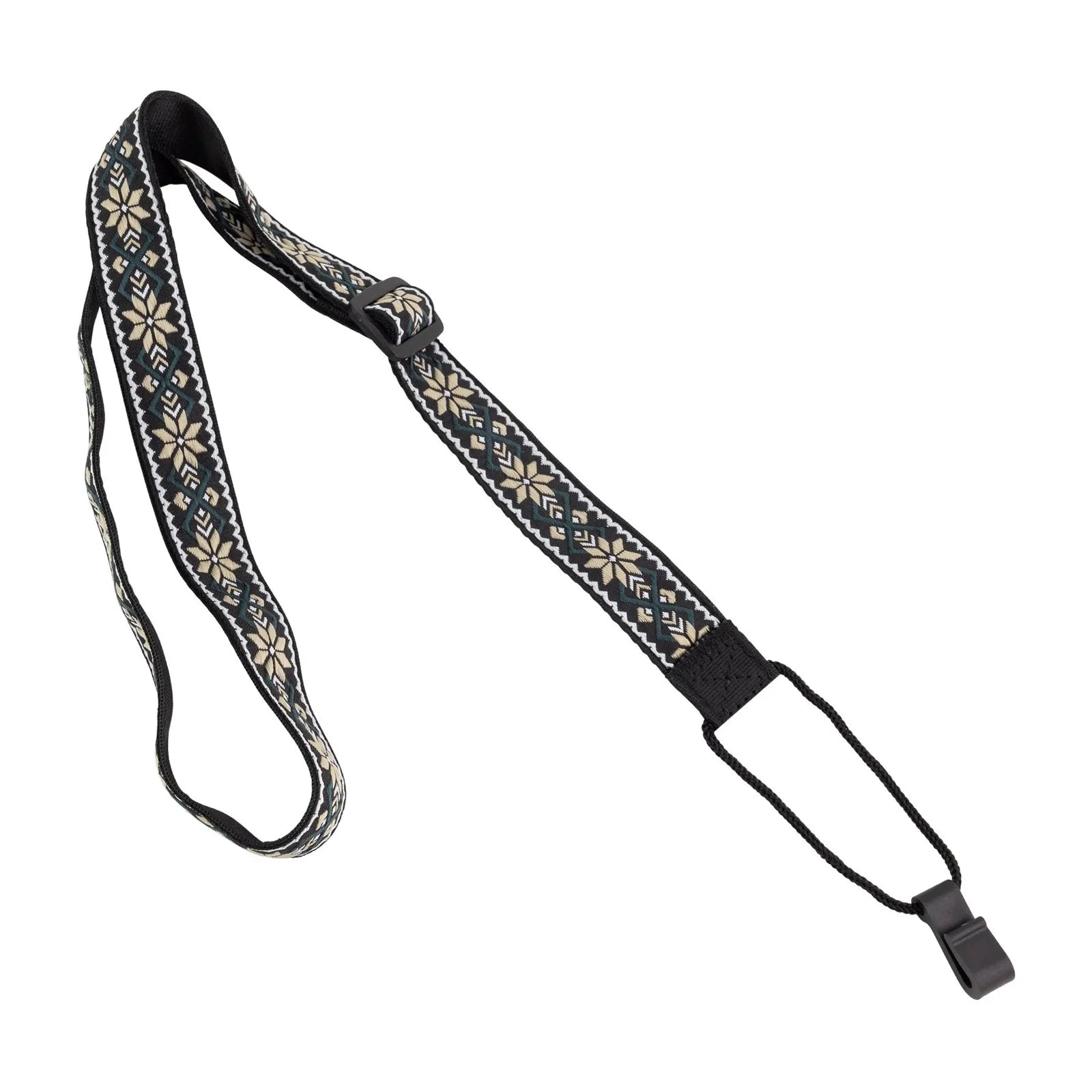 Fretz FUST-JC61HK Patterned Polyester Ukulele Strap - Beige/Green, Adjustable 1" Wide, Up to 35" Length, Molded Plastic Hook