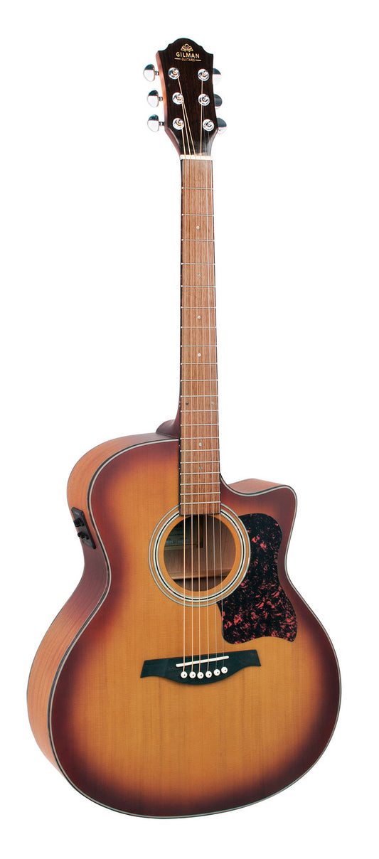 Gilman Grand Auditorium Electric/Acoustic Guitar. Tobacco Sunburst Satin. Cedar top, mahogany back and sides.