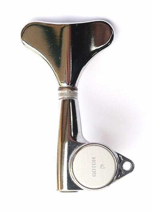 GOTOH - Chrome plated diecast machine heads. 20:1 gear ratio. Modern shape smaller buttons. Suitable all basses. 4-in-line. Packaged. Japanese.