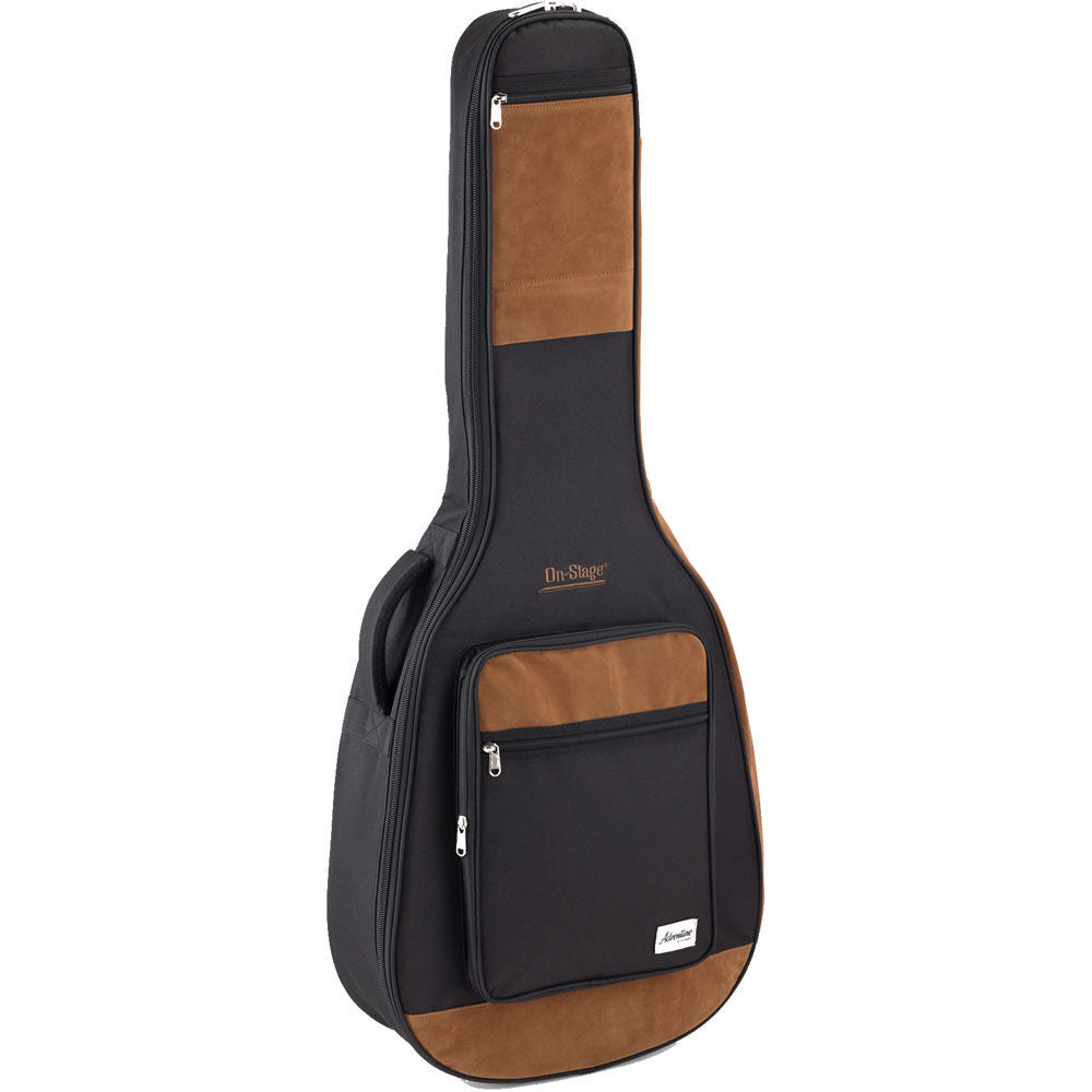 On Stage Adventure Series Acoustic Guitar Gig Bag - Black/Brown, 600D Nylon, 3 Accessory Pockets, Ergonomic Backpack Straps, 2.3 lb