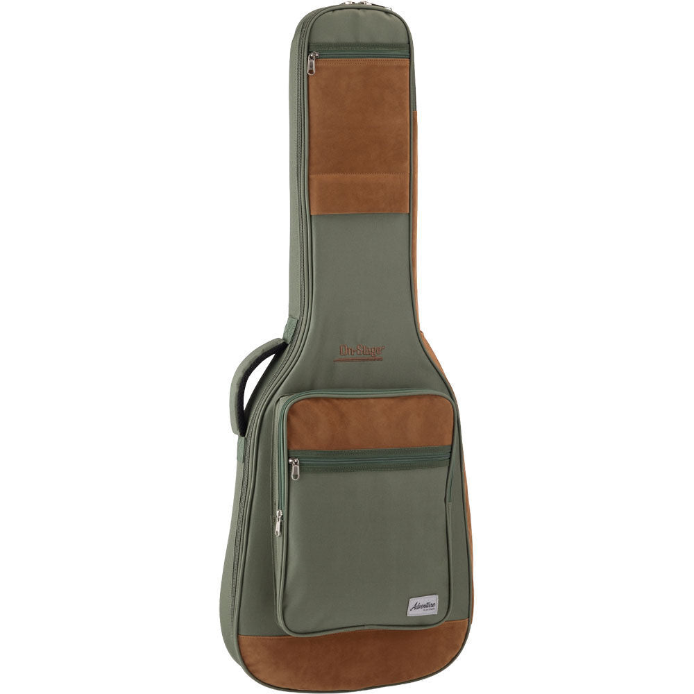 On Stage Adventure Series Electric Guitar Gig Bag - Green/Brown, 600D Nylon, Padded, 3 Accessory Pockets, Lightweight, Backpack Style