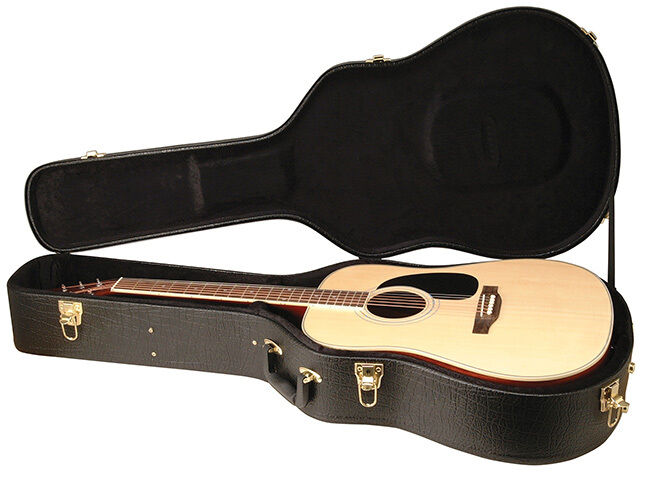 On Stage Hardshell Acoustic Guitar Case for 6 or 12-String Instruments, Black Vinyl, Plush Lined, Gold-Plated Hardware — view 2