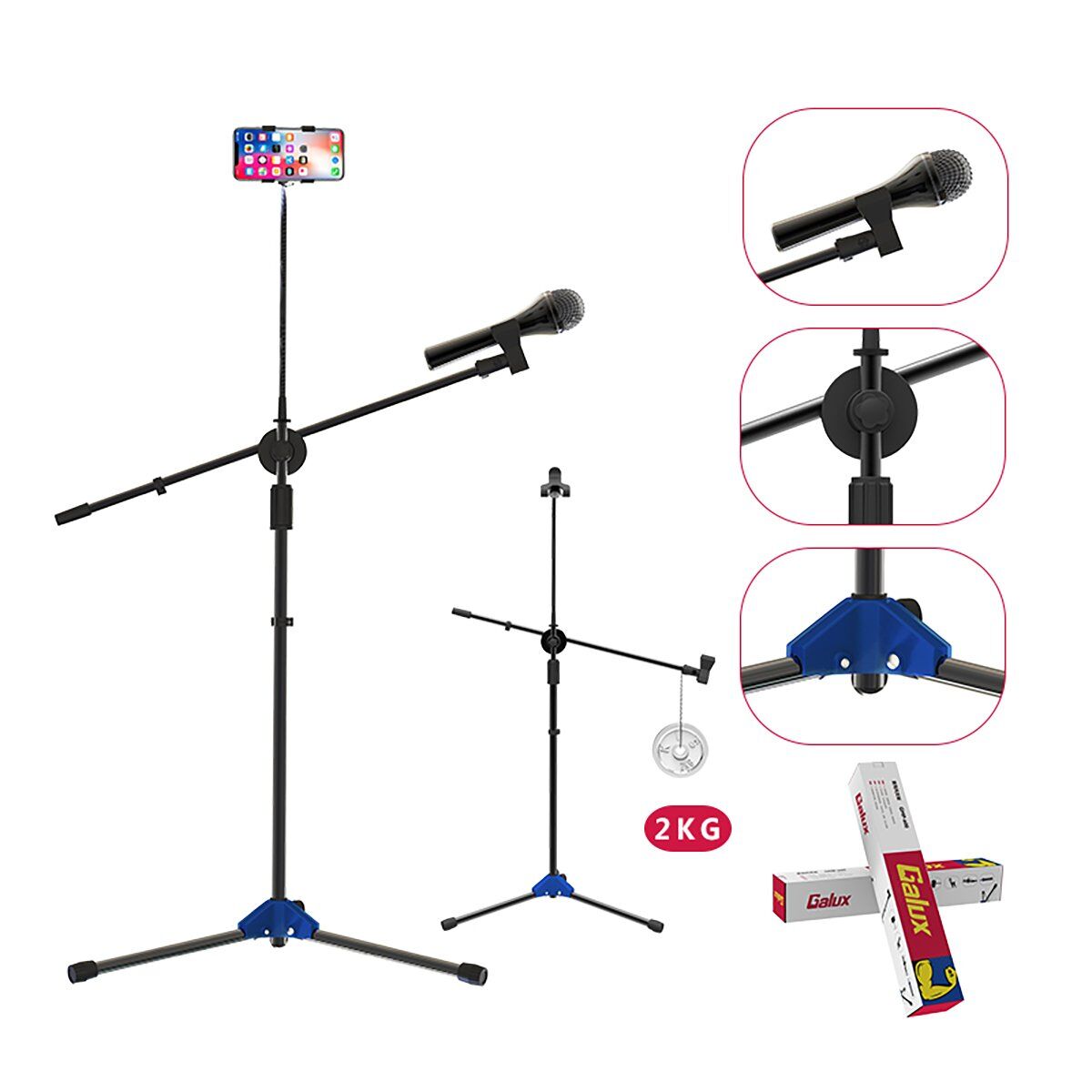 Galux GMP-600 Adjustable Microphone Stand with Phone Holder and Tripod Base — view 4