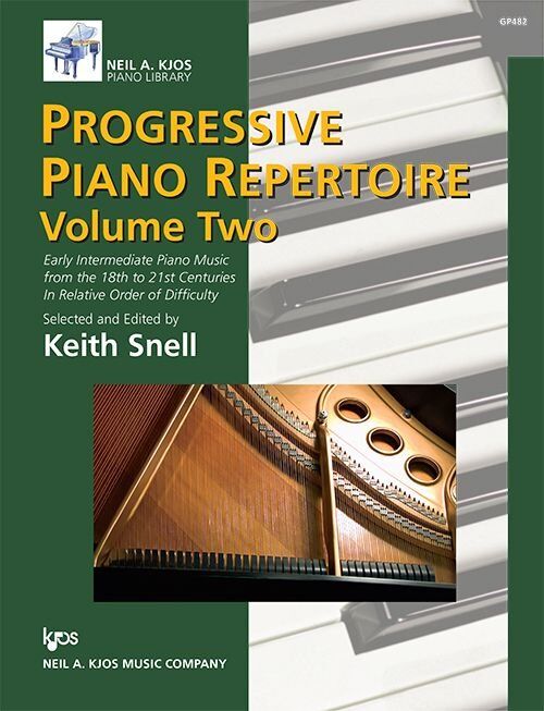 Progressive Piano Repertoire Volume 2 by Keith Snell, 48 pages, early-intermediate piano pieces from 18th to 21st centuries.