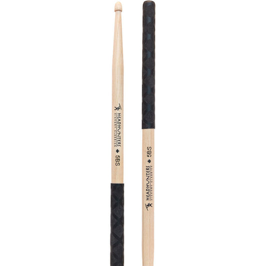 Headhunters Hickory Classic 5BS Drum Sticks Wood Tip with Black-X Grip, 413mm Length, 15mm Diameter, Acorn Tip, 1-Pair