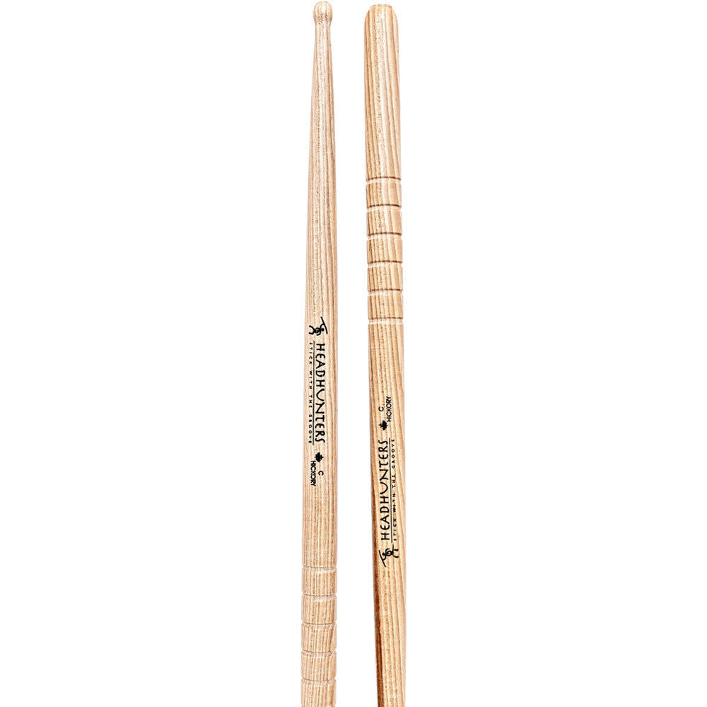 Headhunters Hickory Grooves C Wood Tip Drum Sticks - 1 Pair, 405mm Length, 15.60mm Diameter, Rounded Tip, Premium US Hickory