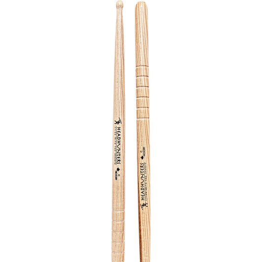 Headhunters Hickory Grooves C Wood Tip Drum Sticks - 1 Pair, 405mm Length, 15.60mm Diameter, Rounded Tip, Premium US Hickory