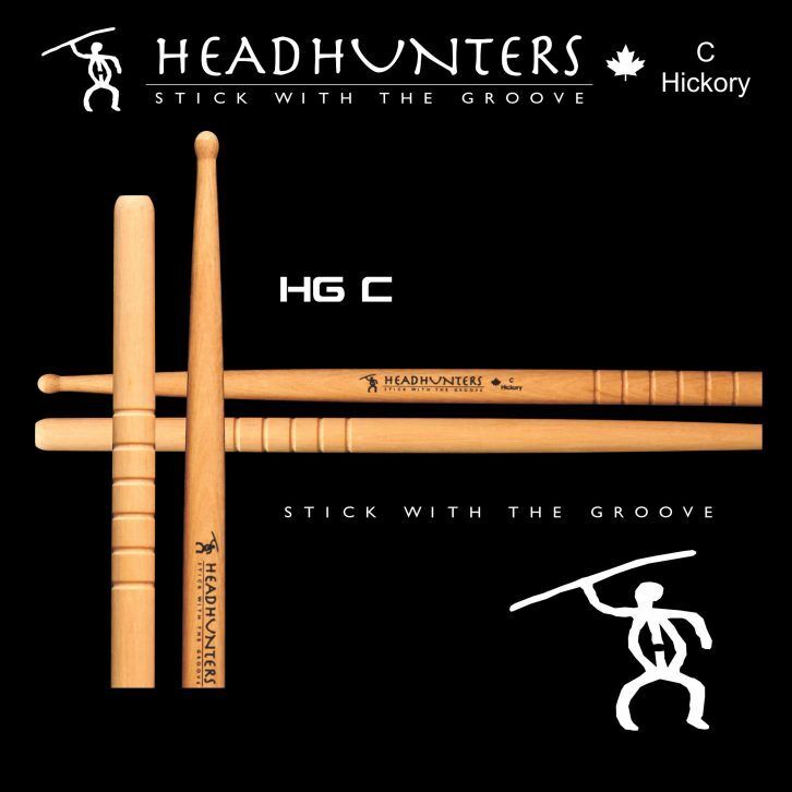Headhunters Hickory Grooves C Wood Tip Drum Sticks - 1 Pair, 405mm Length, 15.60mm Diameter, Rounded Tip, Premium US Hickory — view 2