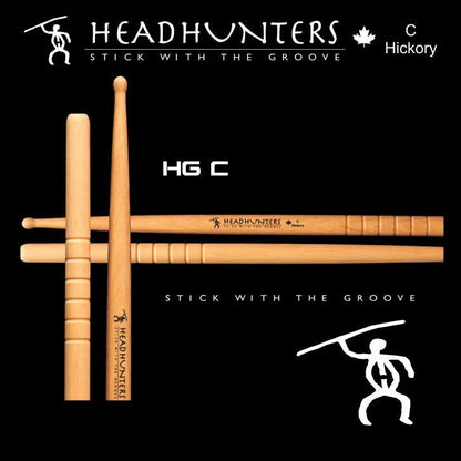 Headhunters Hickory Grooves C Wood Tip Drum Sticks - 1 Pair, 405mm Length, 15.60mm Diameter, Rounded Tip, Premium US Hickory — view 2