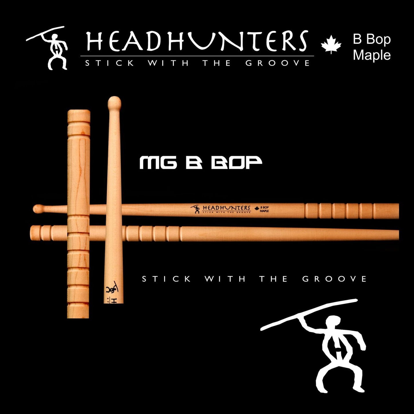 Headhunters Maple Grooves B-Bop Drum Sticks, Wood Tip, 405mm Length, 14.30mm Diameter, Premium Canadian Maple — view 2