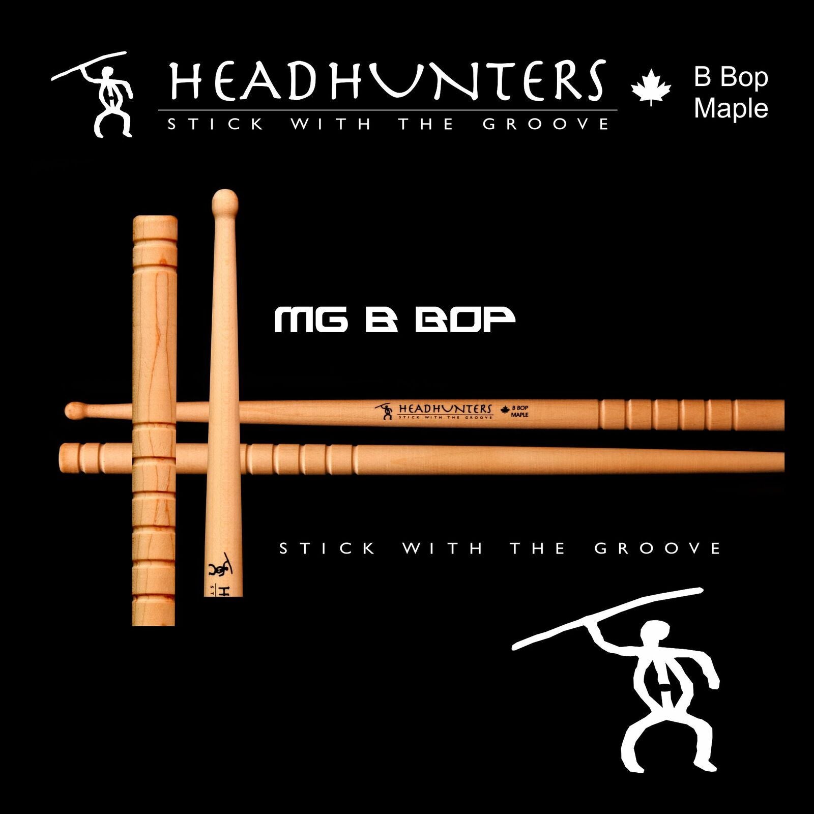 Headhunters Maple Grooves B-Bop Drum Sticks, Wood Tip, 405mm Length, 14.30mm Diameter, Premium Canadian Maple — view 2