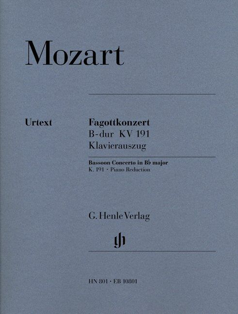 Mozart Concerto in B Flat K 191 for Bassoon and Piano, Urtext Edition with Cadenza Suggestions by Robert Levin, 44 Pages