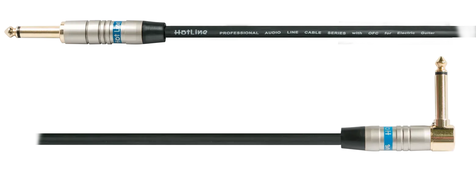 Hot Line 10ft Pro Guitar Cable, 6.7mm Straight to Right Angle, Satin Chrome with Gold Connectors