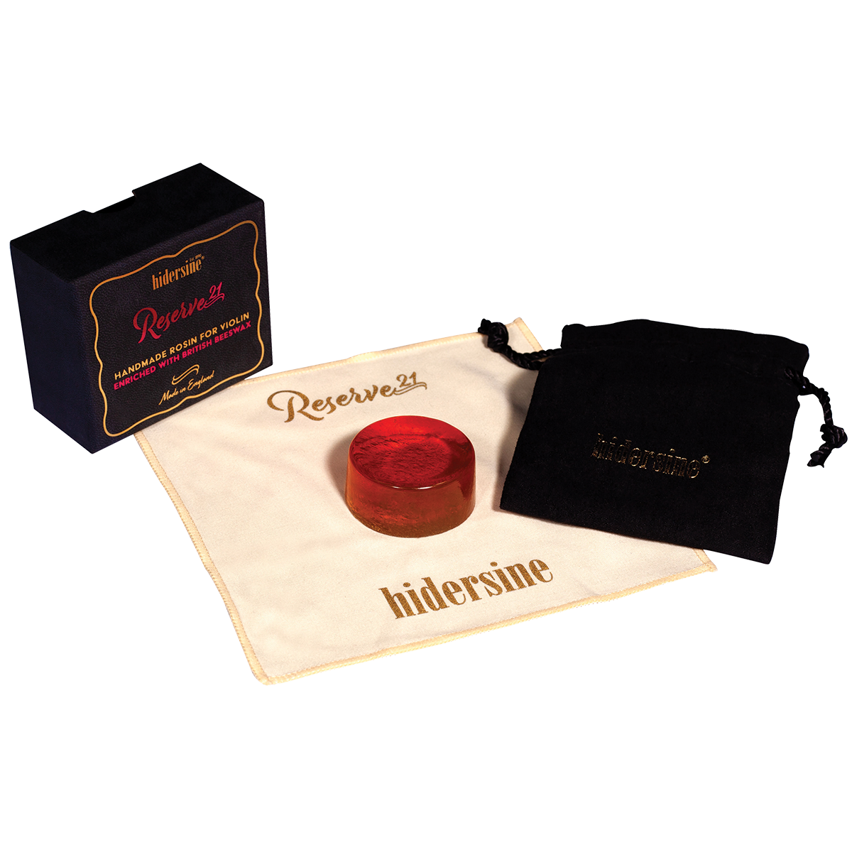 Hidersine Reserve21 Violin Rosin 30g - Medium Hard, Artisanal, Low Dust, High Grip, Includes Drawstring Bag and Microfibre Cloth