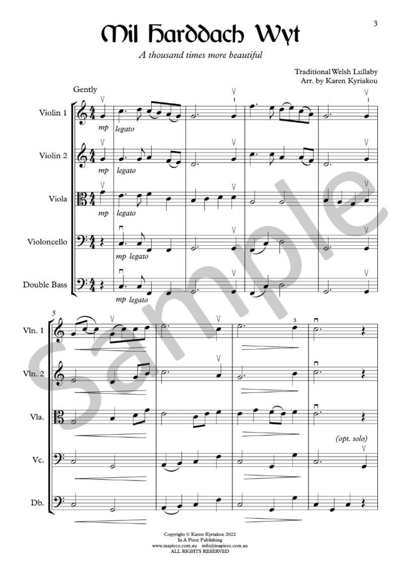 Mil Harddach Wyt for String Orchestra, Level 2.5, Key C Major, Score and Parts, Traditional Welsh Lullaby, Arranged by Karen Kyriakou — view 2