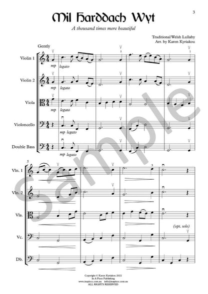 Mil Harddach Wyt for String Orchestra, Level 2.5, Key C Major, Score and Parts, Traditional Welsh Lullaby, Arranged by Karen Kyriakou — view 2
