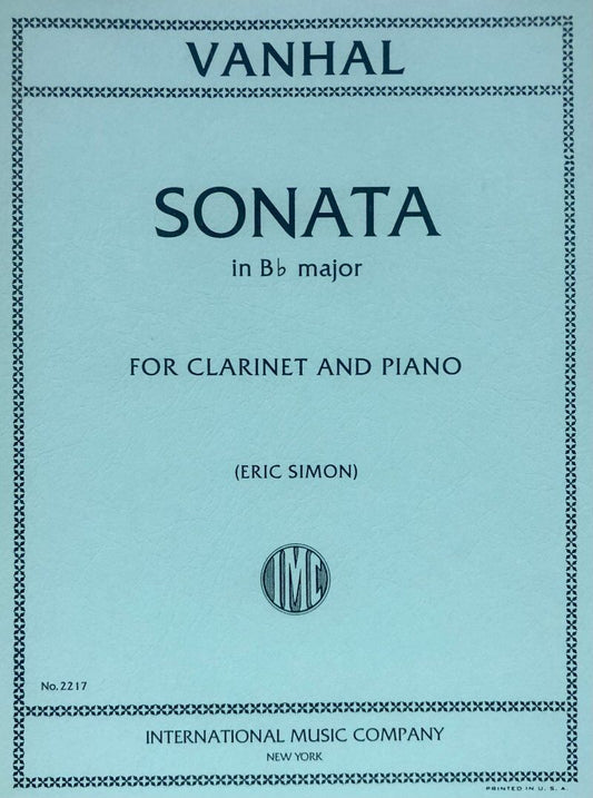 Sonata in B Flat for Clarinet by Johann Baptist Vanhal, Edited by Eric Simon, International Music Company, 1 Page Score and Part