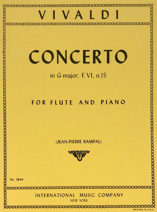 Vivaldi Concerto in G Major F.VI No. 15 for Flute and Piano, Edited by Jean-Pierre Rampal, Score and Part, International Music Company