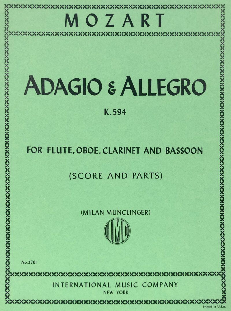Adagio and Allegro, K. 594 for Flute, Bassoon, Clarinet, Oboe - Mozart, Edited by Milan Munclinger, Quartet Score