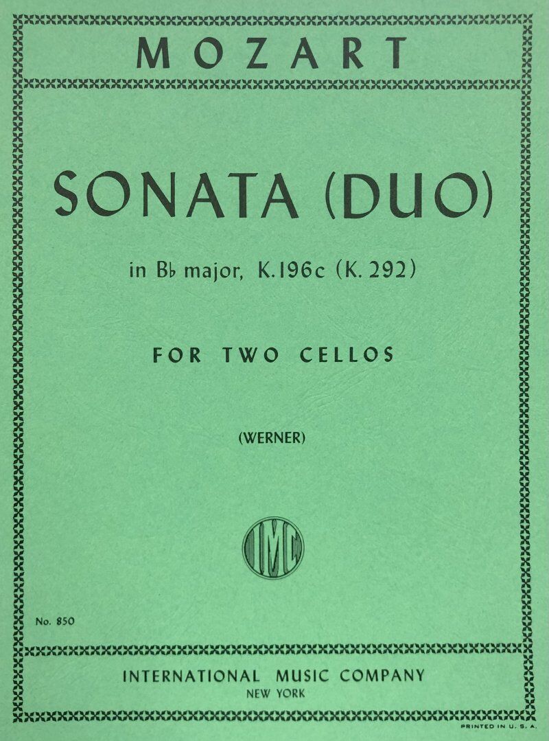 Sonata in Bb Major, K. 292 for Cello Duet by Wolfgang Amadeus Mozart