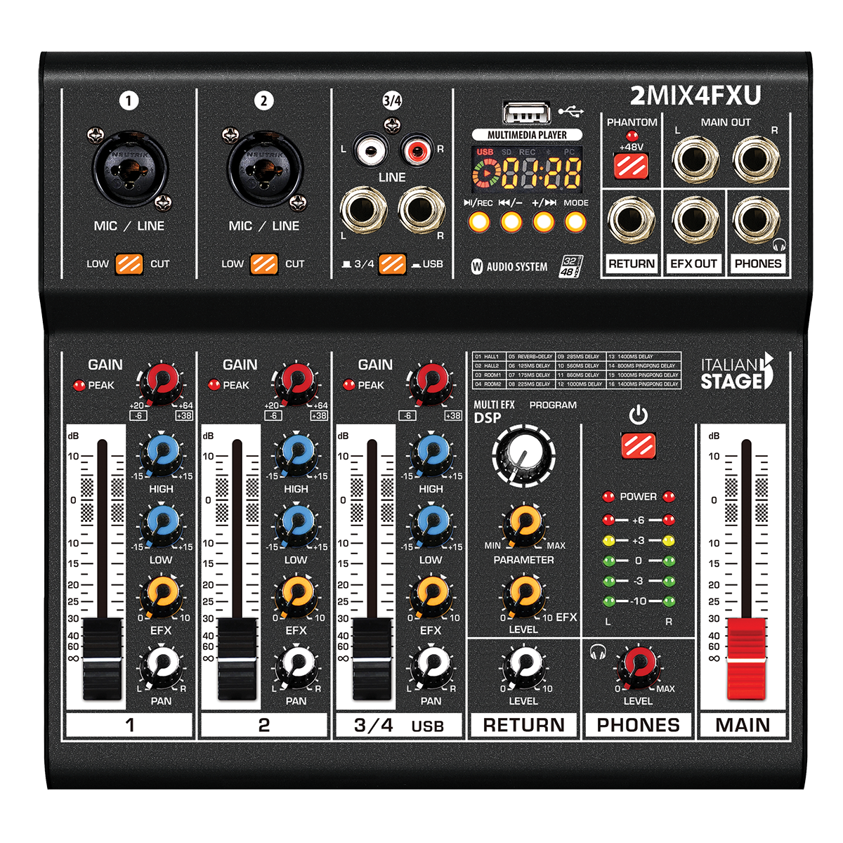 Italian Stage 2MIX4FXU 4-Channel Stereo Audio Mixer with DSP MultiFX and USB Playback