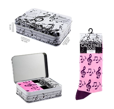 Pink Socks with Black Clefs/Notes and Tin