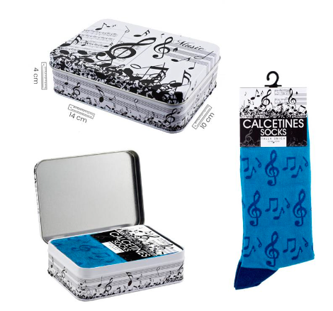 Blue Socks with Black Clefs/Notes and Tin